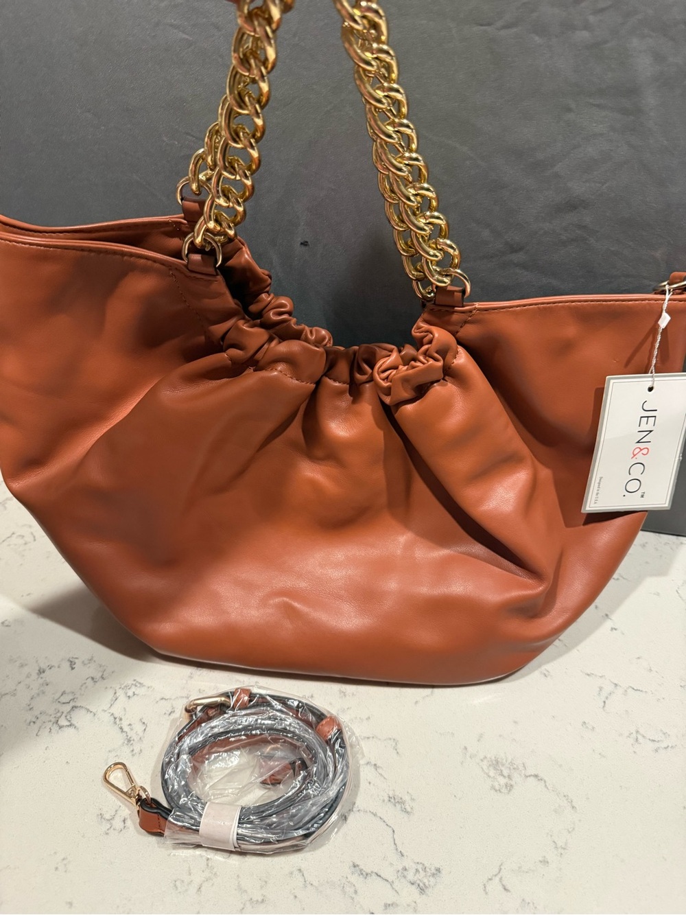 Jen & Co. Ruched Shoulder Bag in Cognac Brown with Gold Chain Straps